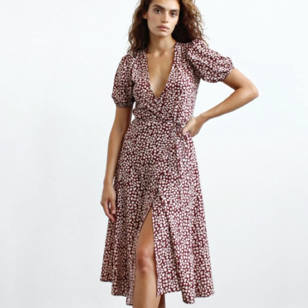 Women's Burgundy Printed Midi Dress with Puff Sleeves